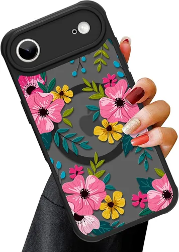 Vista 28 de OOK Funda magnética para iPhone 13 Pro Max [compatible con MagSafe] Funda delgada translúcida mate con flor silvestre negra, protección para lente