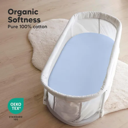 Vista 2 de Paquete de 2 sábanas orgánicas para cuna para niños, niñas, sábana bajera (lino azul) 100% Cotton Bassinet Mattress Sheets, Compatible with Halo