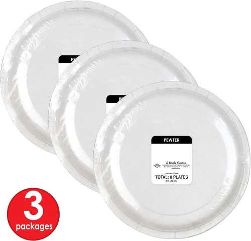 Vista 3 de Beistle Platos de papel de peltre, paquete de 24 platos desechables de inspiración medieval, para fiestas temáticas de castillo, banquetes