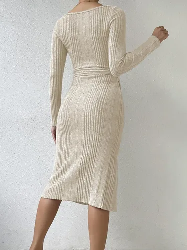 Vista 2 de MakeMeChic Elegante vestido de suéter ajustado de manga larga con cuello cuadrado y cinturón acanalado para mujer