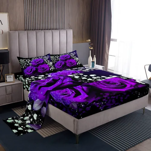 Vista 14 de Juego de sábanas femeninas de flores de rosas rojas, tamaño individual, juego de ropa de cama para el día de San Valentín, decoración de habitación