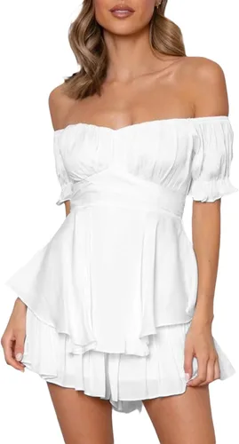 Vista 2 de Mameluco de manga abombada para mujer, vestido con volantes y hombros descubiertos con pantalones cortos de manga larga con capas fluidas de pirata
