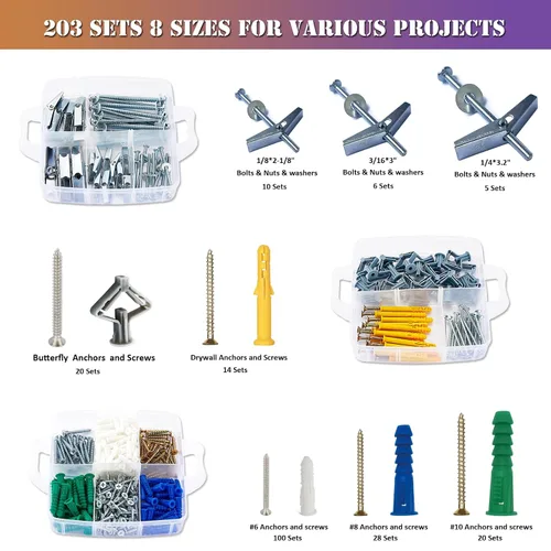 Vista 5 de ZTF Kit de anclajes y tornillos para paneles de yeso resistente, pernos de palanca de pared hueca de mariposa combinación de tornillos y anclajes