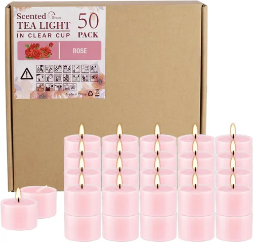 Vista 11 de Velas aromáticas de rosa rosa, paquete de 100 velas votivas gigantes a granel, juego de velas de té sin humo para el día de San Valentín
