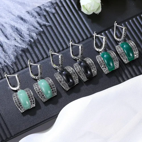 Vista 5 de Pendientes de collar de piedra geométrica de cristal negro verde vintage conjuntos de joyas de moda regalos de Navidad