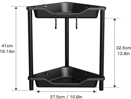 Vista 7 de Orimade Organizador de ducha esquinero de 2 niveles resistente a la oxidación, estante de esquina de piso de metal y plástico para baño, negro