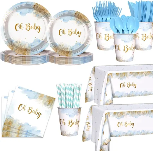Vista 12 de AIBIIN 112 piezas Decoraciones para fiesta de baby shower para niño en acuarela azul pastel Suministros para fiesta de baby shower para niño Vajilla