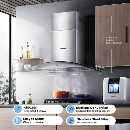 Vista 2 de COMFEE' CVG30W8AST Campana extractora montada en pared de 30 pulgadas con conducto, con ventilador de escape de 450 CFM de 3 velocidades, filtros