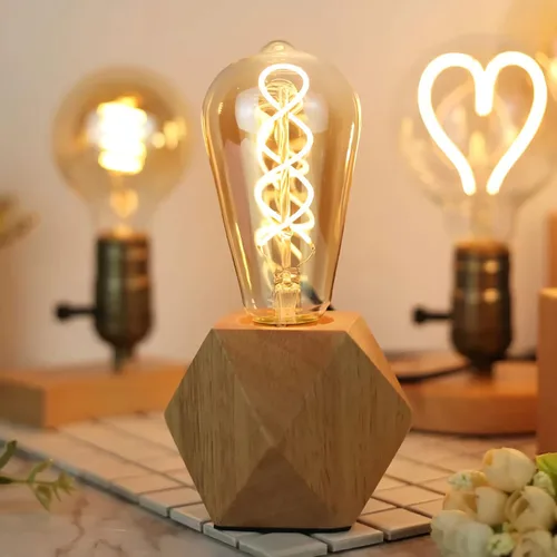 Vista 6 de Lámpara de mesa pequeña de madera, lámpara de noche con base de madera de diamante E26 60 W, luz nocturna industrial boho deco para dormitorio, sala