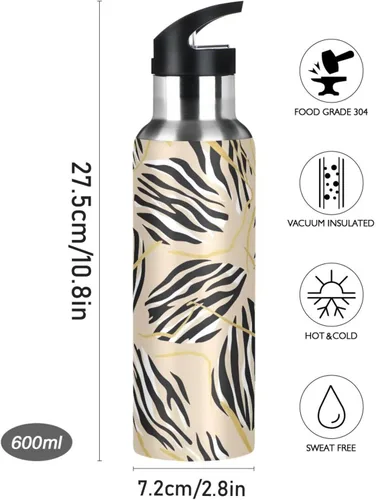 Vista 9 de Zebra Stripes Beige Stainless Steel Water Bottle 20 Oz, BPA-Free Sport Water Bottle Leakproof Water Bottles