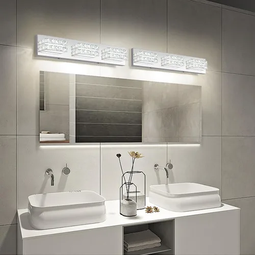 Vista 6 de OKELI Lámpara de tocador de cristal para baño, moderna lámpara LED de tocador para baño, lámpara frontal de espejo de cristal de 3 luces, 6000 K