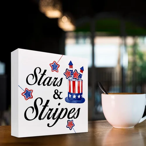 Vista 3 de z-crange Letrero patriótico de madera con diseño de estrellas y rayas para el Día de la Independencia, divertido cartel de madera del 4 de julio
