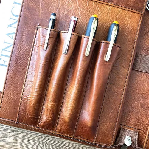 Vista 4 de Cartera de piel auténtica, con cremallera para hombres, carpeta de cuero para bloc de notas tamaño carta, cartera para mujeres, organizador de Cera