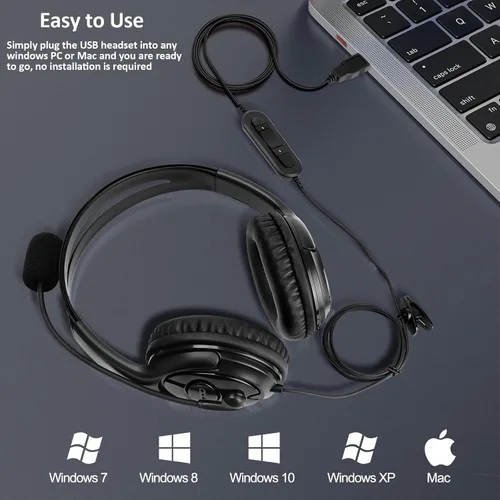 Vista 3 de MKJ Auriculares USB con micrófono de cancelación de ruido, auriculares de oficina con sonido cristalino, auriculares duraderos para computadora