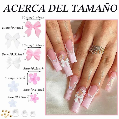 Vista 3 de RODAKY - Abalorio de uñas con lazo rosa y blanco en 3D de colores-3