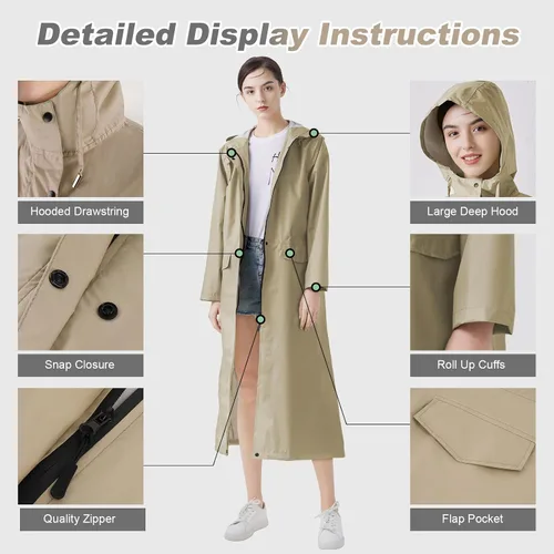 Vista 4 de LAMA Impermeable largo con capucha para mujer, impermeable de longitud completa con bolsillo y cremallera, ropa impermeable plegable, impermeable