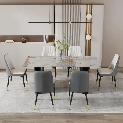 Vista 7 de Juego de mesa de comedor de cocina de 71 pulgadas para juego de mesa de comedor de 6 piezas, mesa de comedor de mármol sintético y sillas de piel