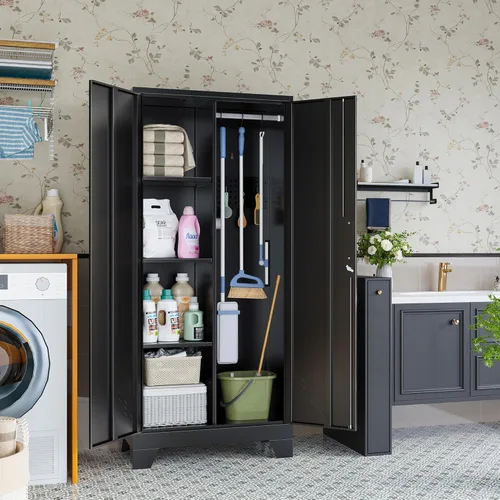 Vista 2 de Armario de almacenamiento de metal de 61 pulgadas con puertas con cerradura, gabinete de suministros de limpieza con tablero de clavijas y barra