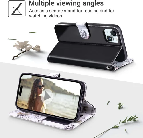 Vista 3 de ULAK Funda tipo billetera compatible con iPhone 15 para mujeres, funda tipo cartera con estampado floral de piel PU premium con porta tarjetas