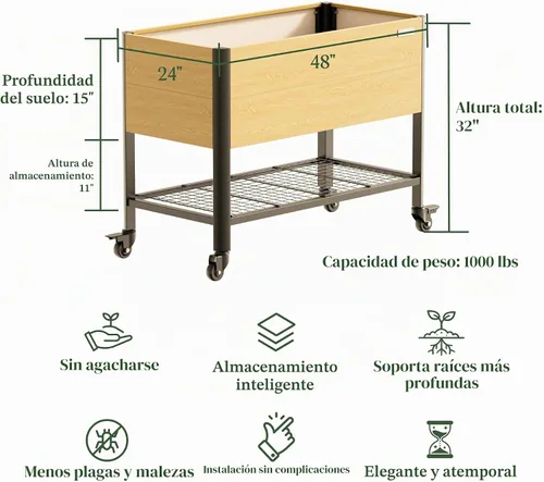 Vista 2 de Cama de jardín elevada con ruedas, macetas elevadas de grano de madera de metal de 2 x 4 pies con patas y estante de almacenamiento para patio