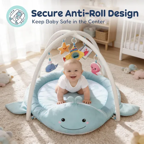 Vista 3 de Tapete de Juego para Bebé, Tapete de Tiempo Boca Abajo de Ballena con Juguetes, Gimnasio de Actividades para Bebés de 0–12 Meses – Tapete Sensorial