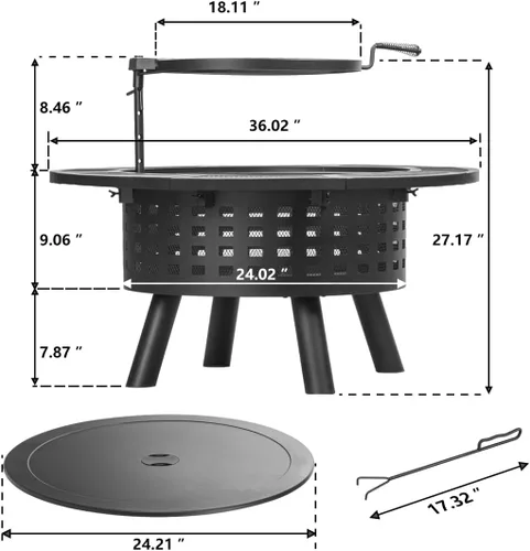 Vista 8 de Verdeluxe Hoguera al Aire Libre de 91 cm con Parrilla, Hogueras de Leña para Exteriores con Tapa y Atizador, Mesa de Hoguera 3 en 1 de Metal