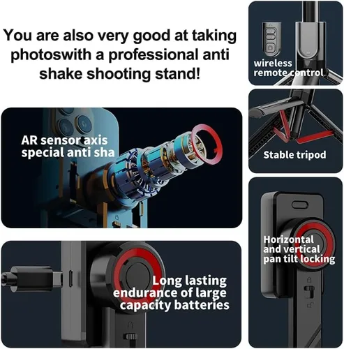 Vista 8 de Estabilizador de cardán para teléfono, selfie stick y trípode con control remoto Interruptor horizontal/vertical de un solo toque y rotación