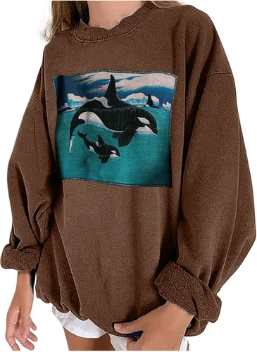 Vista 4 de Sudaderas de gran tamaño para mujer, diseño de delfín, cuello redondo, manga larga, cómoda, para otoño