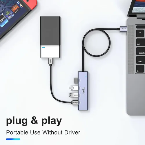 Vista 5 de Hub USB 3.0, divisor USB TSUPY con 5 puertos USB y cable extendido de 4 pies, concentrador de datos de aluminio ultrafino, adaptador multi USB 3.0