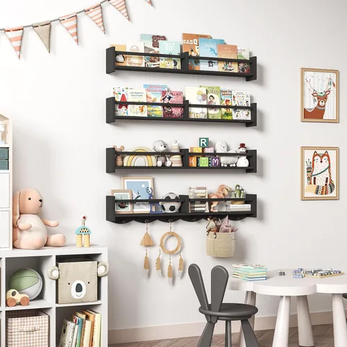 Vista 2 de Estantería de guardería de 34 pulgadas, juego de 4, estante flotante de pared para niños con 6 ganchos, estante colgante para decoración de Negro