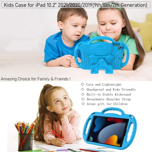 Vista 7 de LTROP Funda para niños para iPad de 9ª/8ª/7ª generación de 10.2 pulgadas con correa de hombro, funda a prueba de golpes ligera con asa y soporte Azul