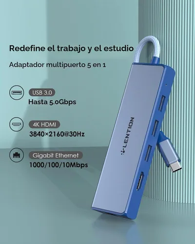 Vista 6 de LENTION Concentrador USB C 5 en 1, Ethernet, HDMI 4K, adaptador multipuerto USB 3.0 Azul