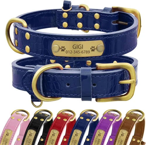 Vista 16 de Collar de perro de cuero genuino personalizado Senristar con placa de nombre grabada - Collar para perro duradero y elegante personalizado para Negro
