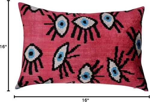 Vista 2 de Almohada decorativa hecha a mano con relleno de plumón, rosa rojo turquesa, mal de ojo, buena suerte, terciopelo, funda de cojín lumbar de seda