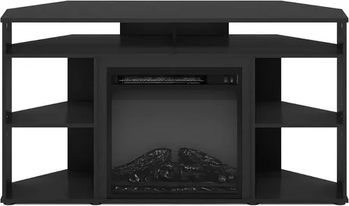 Vista 8 de Furinno Jensen - Soporte esquinero para TV de hasta 55 pulgadas, con chimenea, estilo americano