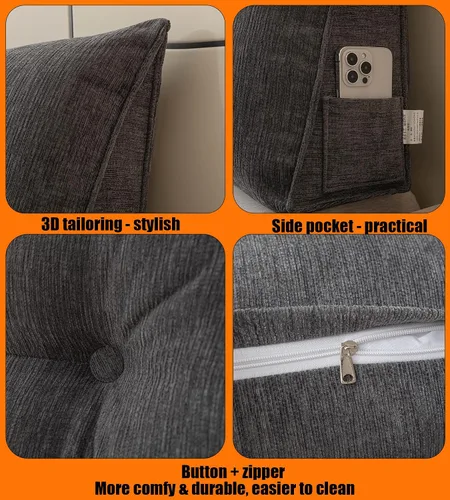 Vista 4 de Almohada de cuña Queen para cabecero, con funda extraíble y dos bolsillos laterales grandes, para camas, sofás, suelos. Especialmente para sentarse