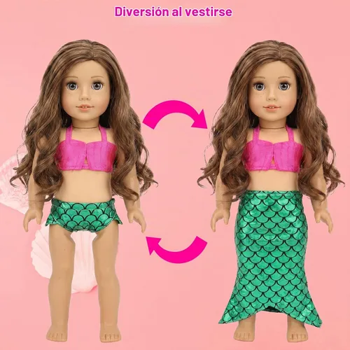 Vista 2 de Ropa de muñeca de 18 pulgadas, 3 conjuntos de trajes de princesa cola de sirena traje de baño bikini
