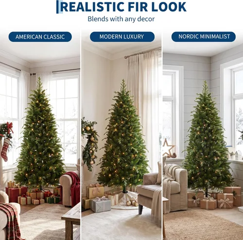 Vista 4 de Artificial Christmas Tree, Realistic Fraser Fir Hinged Locations with Warm LED Lights & Metal Stand, 6 Feet