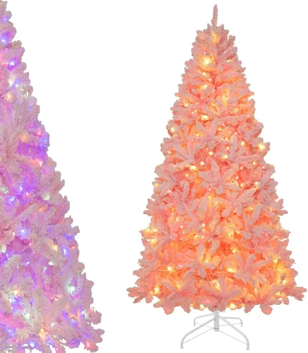 Vista 8 de DORTALA - Árbol de Navidad artificial preiluminado con copos, de 4.5 pies, con 150 luces LED blancas cálidas, 295 puntas de ramas, soporte metálico