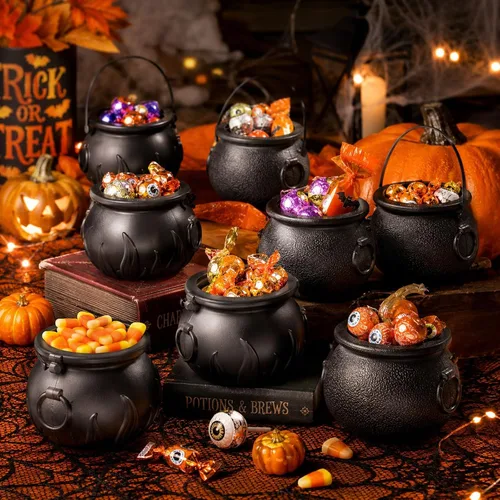 Vista 6 de LUOZZY 24pcs mini caldero de caramelo caldero Halloween caramelo cubo con mango decoración de fiesta de Halloween