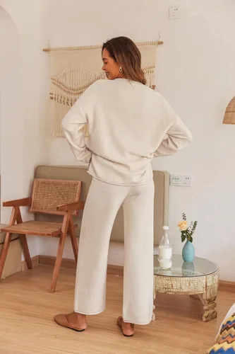 Vista 4 de Ekouaer Conjunto de pijama de 2 piezas para mujer, conjuntos de invierno a juego de suéter de punto suave