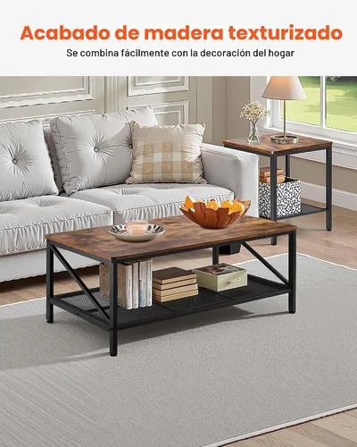Vista 5 de VEVOR Juego de 3 mesas para sala de estar, mesa de café industrial de 41.3 pulg con 2 mesas auxiliares cuadradas, juego de mesas de café