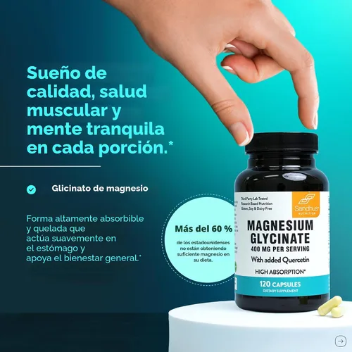 Vista 2 de Cápsulas de glicinato de magnesio 400 mg con quercetina, sueño de calidad, relajación, salud muscular y ósea y apoyo inmunológico, para hombres