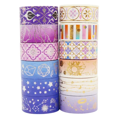 Vista 3 de YUBBAEX Galaxy - Juego de cinta adhesiva Washi con estrellas púrpuras decorativas, cinta adhesiva de lámina plateada y dorada para arte