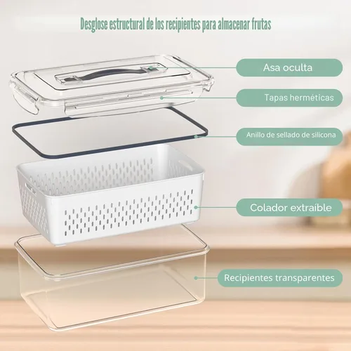 Vista 4 de 5 recipientes de almacenamiento de frutas para refrigerador con colador extraíble y tapa con asa, organizadores y almacenamiento de refrigerador