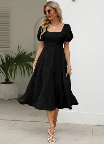 Vista 4 de LILLUSORY Vestido maxi elegante de verano de manga corta con hombros descubiertos para mujer