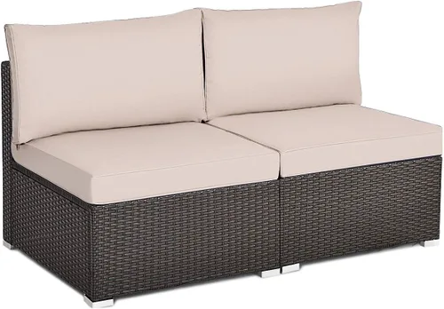 Vista 16 de Tangkula Juego de 2 sofás de mimbre para exteriores, sin brazos, juego de sofá modular de ratán para patio con 2 cojines de asiento gruesos y 2