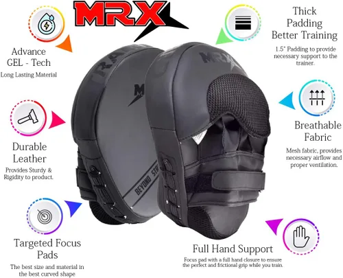 Vista 2 de MRX Gel Tech - Gancho de boxeo y almohadillas de Jab MMA Focus Guantes de entrenamiento Thai Kick Strike Shield Curvo Negro/Blanco
