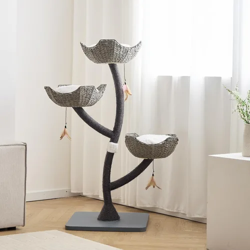 Vista 6 de Torre de árbol gris moderno de 52 pulgadas de alto para gatos grandes, postes rascadores para gatos con cestas tejidas a mano Condominio de lujo