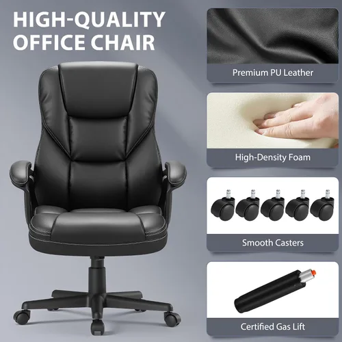 Vista 5 de Shahoo Silla de oficina ergonómica ajustable ejecutiva con reposabrazos abatibles, silla giratoria de piel sintética para computadora en casa Negro